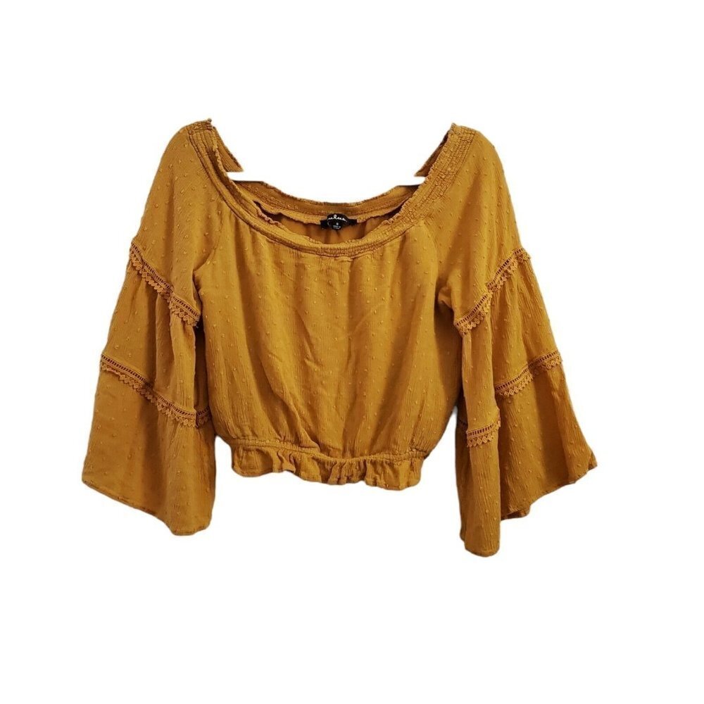 Lulus Blouse Small Off The Shoulder Mustard Yellow Sunny Story Bell Sleeve Top‎